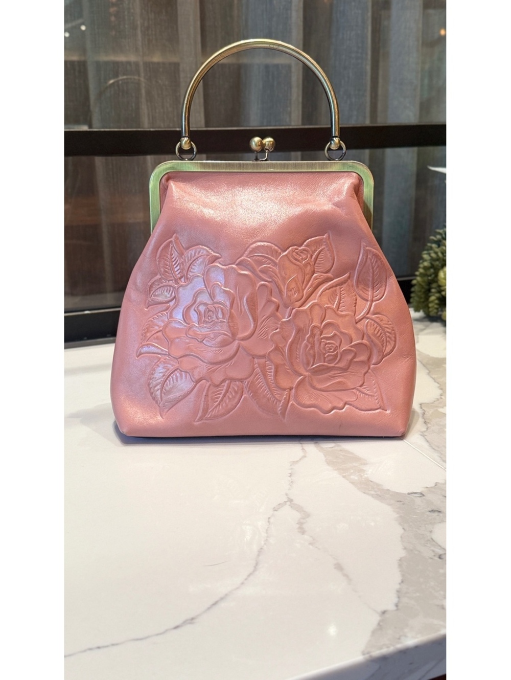 Patricia Nash Novella Pink Rose Tooled Leather Kiss Lock Frame Bag